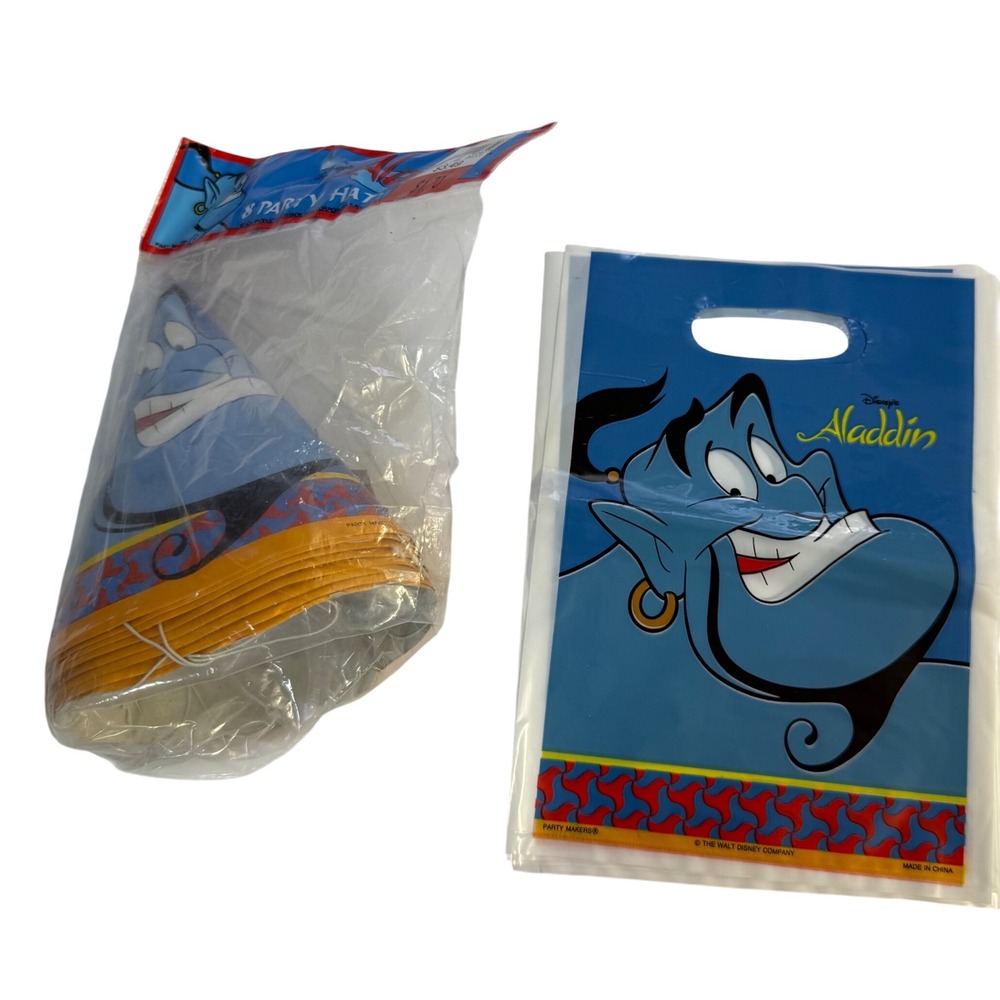 New Vintage 90s 1992 Disney Aladdin Genie Favorite Bags Cone Hats Birthday Party